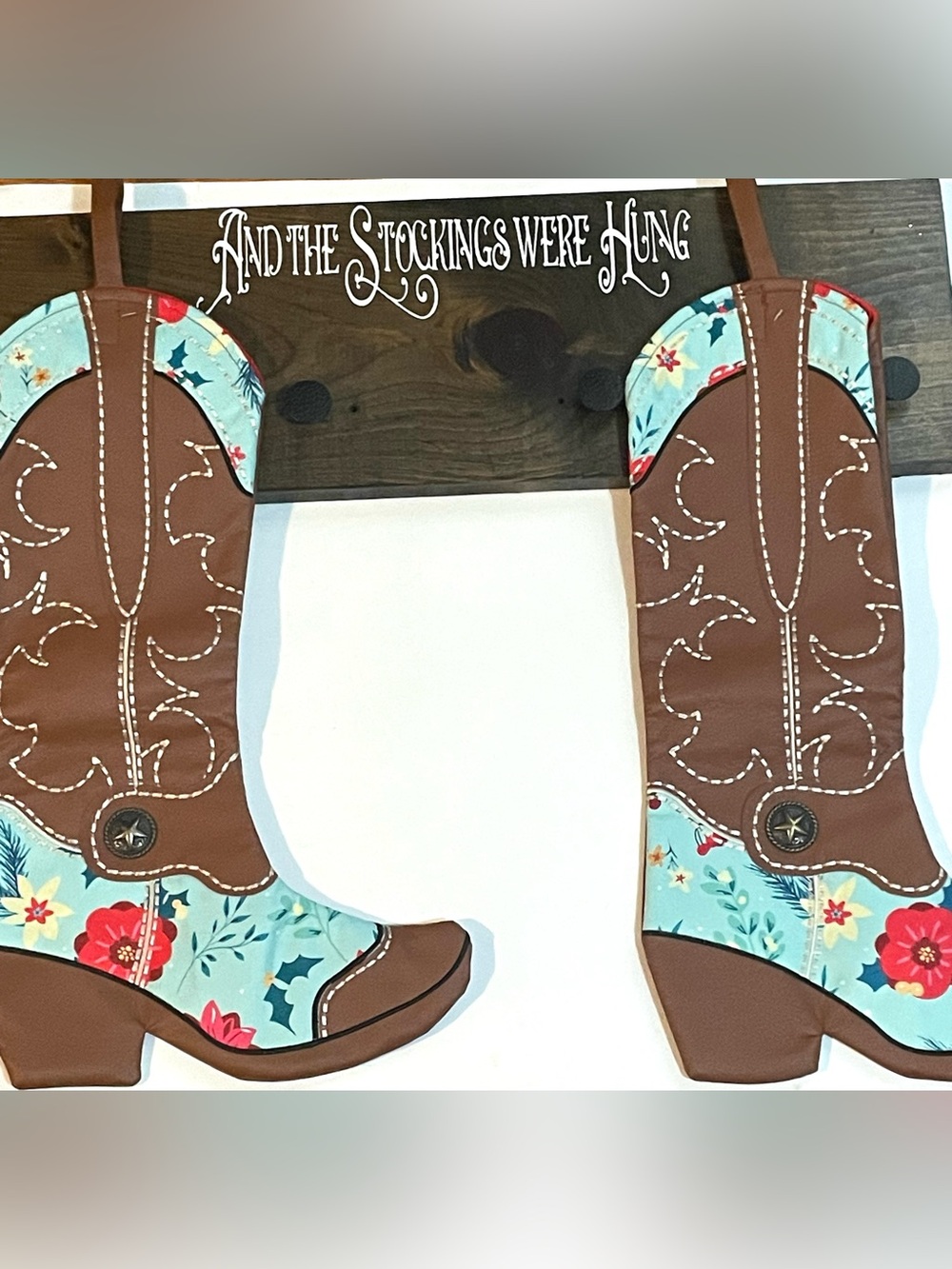 Pioneer Woman Wood AND THE STOCKINGS WERE HUNG with Christmas Boot Stockings 2